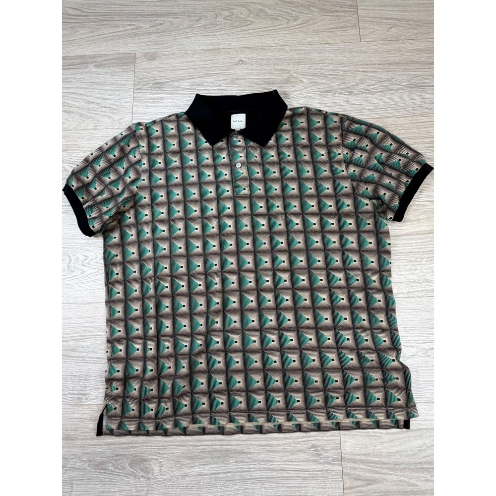 Paul Smith Mens Large Geometric Pyramid‎ Print Cotton Polo Shirt Black Green Tan